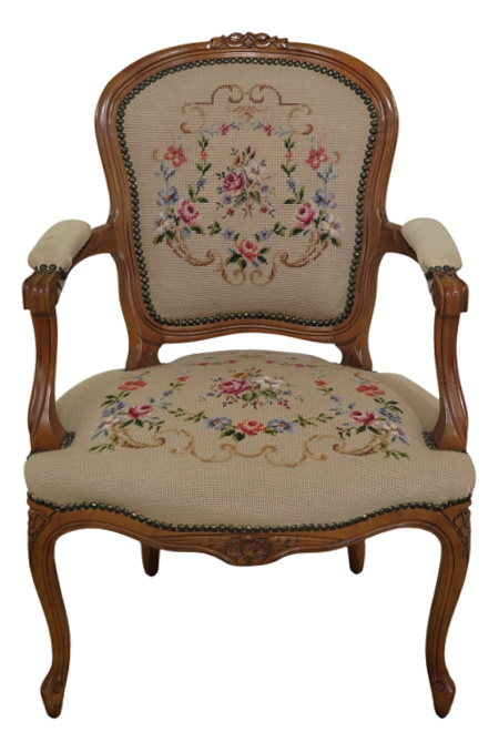 French Louis XV Style Needlepoint Upholstered Arm Chair