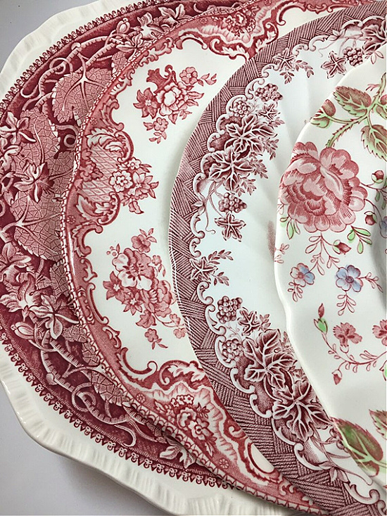 Vintage Mismatched Pink White Transferware Dinner Plates Set of 4