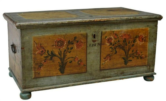 Northern European paint decorated storage trunk/ blanket chest, c.1817