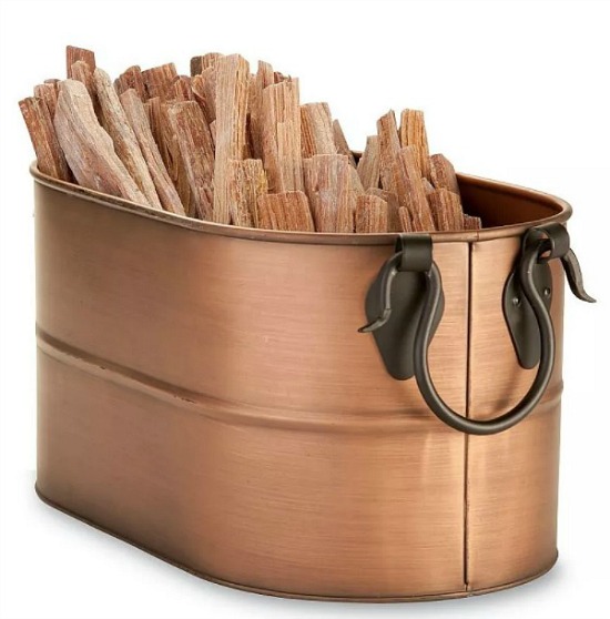 Copper Finished Firewood Bucket With 5 lbs. Fatwood Resin Rich Pre-Split Kindling for Easily Starting Fires