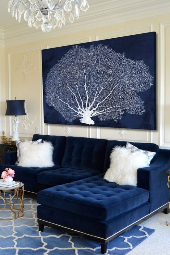 navy blue couch curated interior