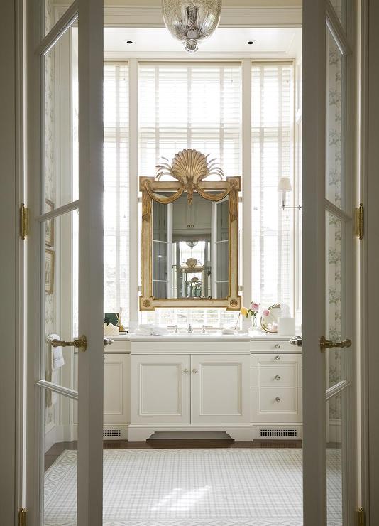 master-bathroom-french-doors-gold-clam-shell-mirror-extra-wide-single-vanity