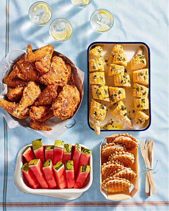 fried-chicken-corn-sliced-watermelon-waffle-cookies-picnic-food-Martha-Stewart-photo-Kate-Mathis