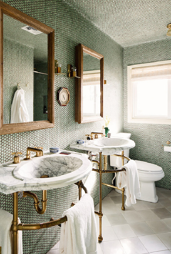 brass-washstand-with-marble-sink-tiled-bathroom-ceiling-green-penny-tiles