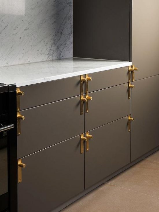 grey-flat-front-kitchen-cabinets-antique-brass-hardware
