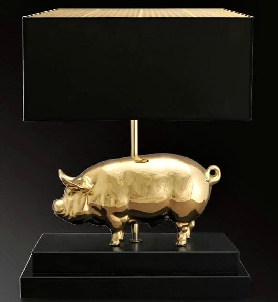 24 carat gold or platinum 'lucky pig' table light with black