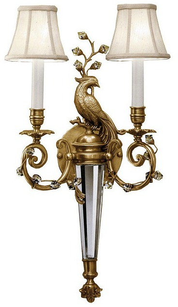 Brass and Crystal Sconce With Peacock Motif