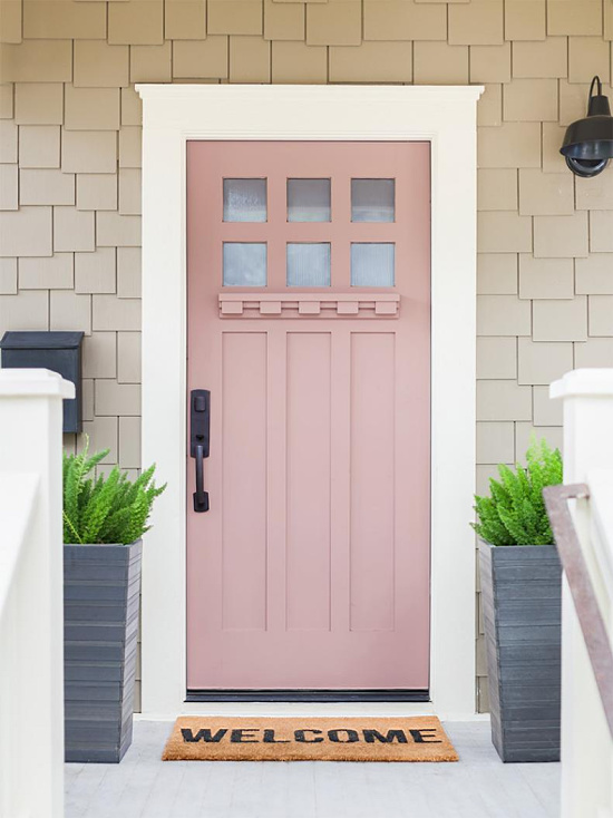 pink front door welcome porch