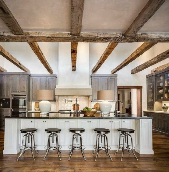 country-kitchen-rustic-wood-ceiling-cross-beams-gray-stained-pine-cabinets