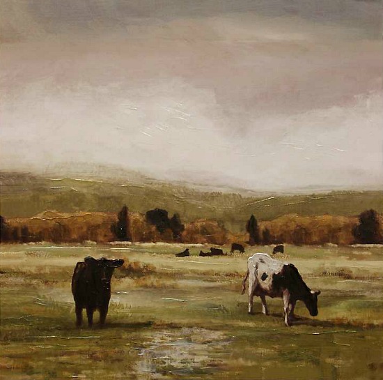 Cattle Graze I Hand Embellished Canvas Art Print