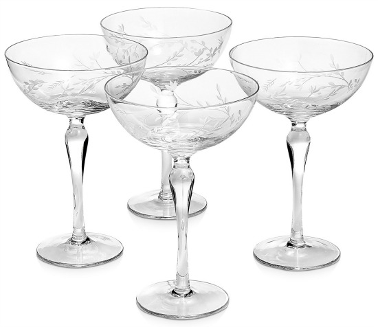 Etched Floral Coupe Glasses, Set of 4