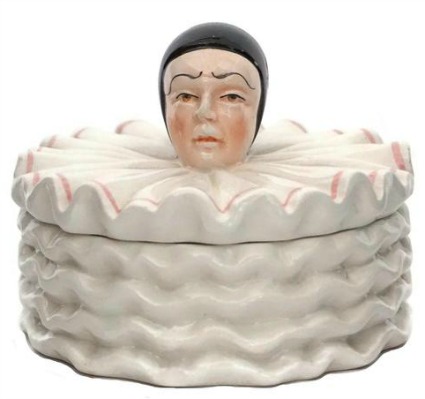 French Pierrot Jewelry Box, Ceramic Sad Clown Figure Trinket Dish