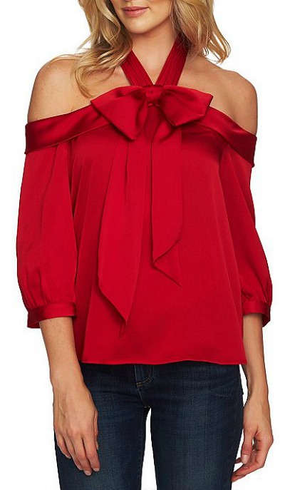 Off the Shoulder Satin Finish Blouse with Halter Bow Sash Detail