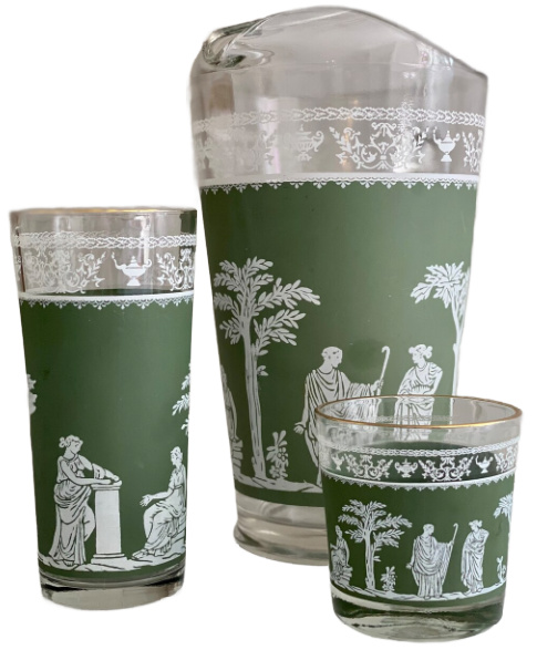 Vintage Wedgwood inspired Jasperware Hellenic Green GlasswareSet- 9 Pieces