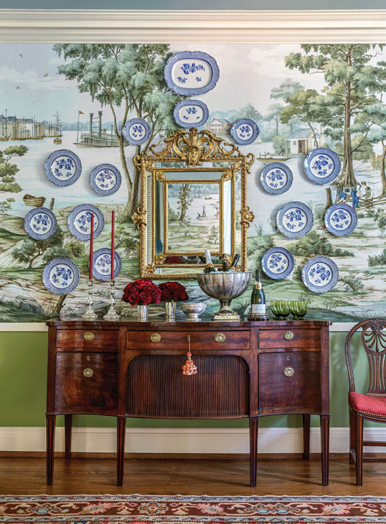 blue-white-plates-on-wall-above-antique-sideboard