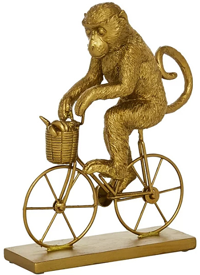 Gold Polystone Monkey Sculpture with Bicycle