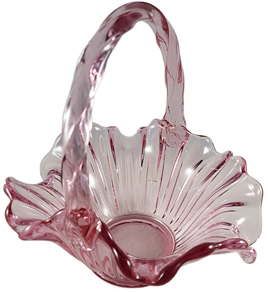 FENTON ART glass Rose Colored Open Basket With Handle, Ruffled edges