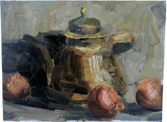 Still Life Oil Painting Teapot and Oranges