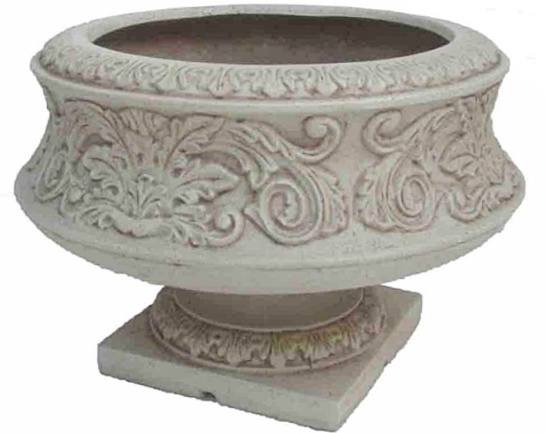 White Cast Stone Fiberglass Ornate Low Urn