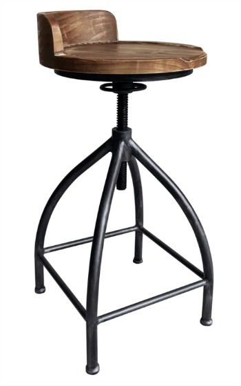 Cypress Industrial Adjustable Metal Barstool in Silver Brushed Gray with Brown Wood Seat