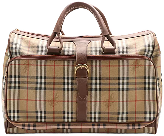 Burberry Haymarket Check Canvas Travel Bag With Brown Leather Trim