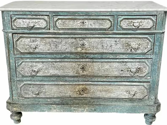 18th Century French Louis XVI Period Painted Oak Chest of Drawers Commode with Beautifully Aged Distressed Chippy Paint Patina