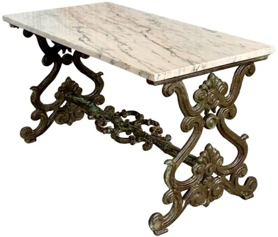 French Solid Cast Iron French Scrolling Butterfly Coffee Table with Marble Top