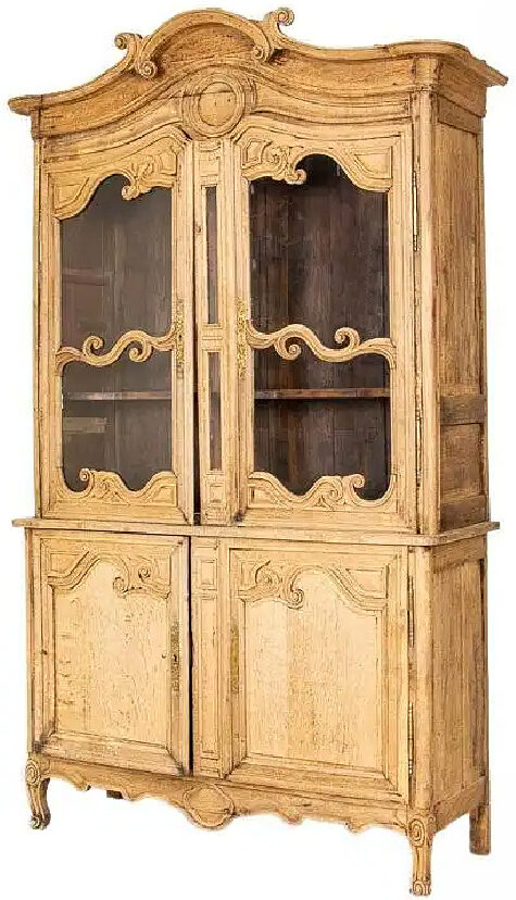 antique-bleached-oak-display-cabinet-bookcase-French