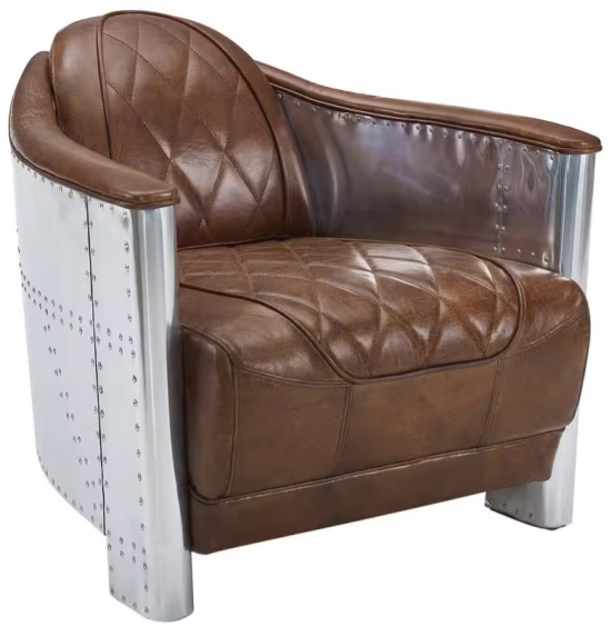 Top Leather Cognac Mid Century Modern Genuine Leather Accent Armchair with Vintage Aluminum Exterior Accented and Rivets