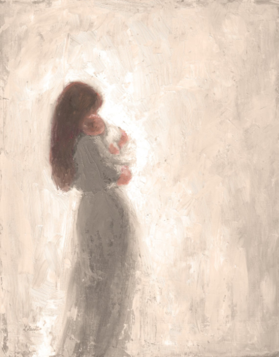 Mother with long dark hair and Baby