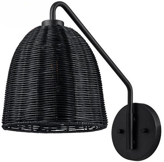 Matte Black Wall Sconce with Black Rattan Shade