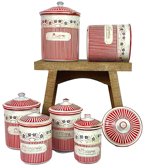 6 Full set French antique Flower enamel BB freres Kitchen Canisters Containers - Red stripes and Flowers
