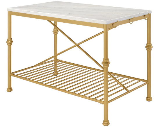 White and Gold 58-inch Wide Marble Top Kitchen Island
