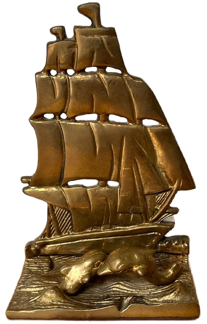 Brass Sailboat and dolphin figurine, bookend, doorstep