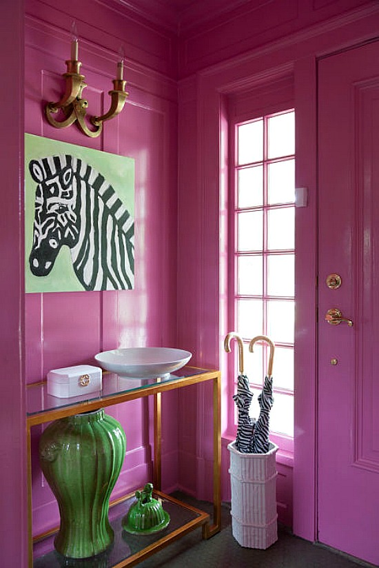 gold-leafed-console-pink-foyer-pink-front-door