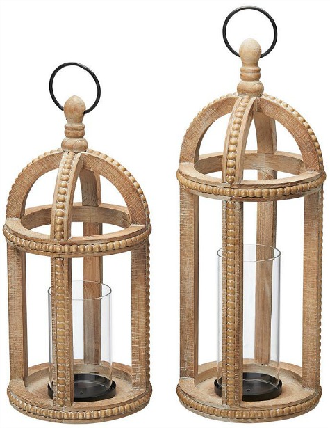 Home Decorators Collection Antiqued Wood Candle Hanging or Tabletop Lantern with Beaded Trim (Set of 2)