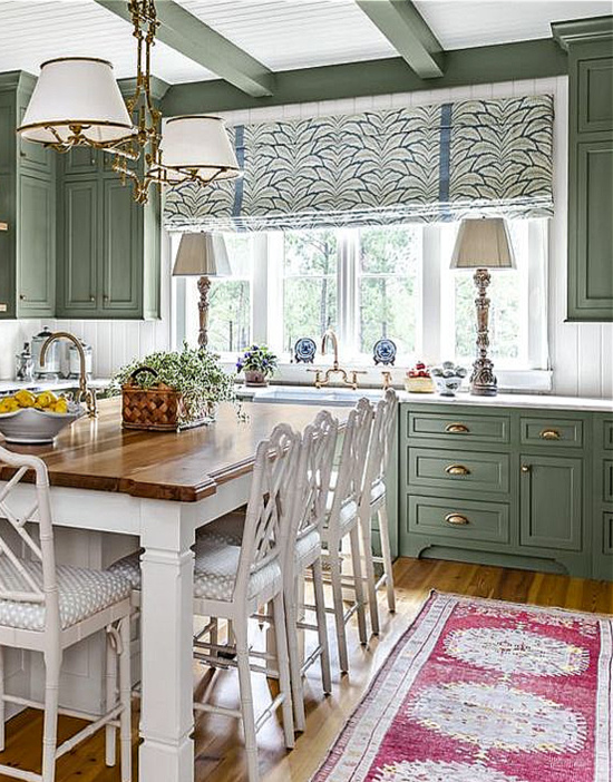 green-kitchen-cabinets-lamps-on-counter