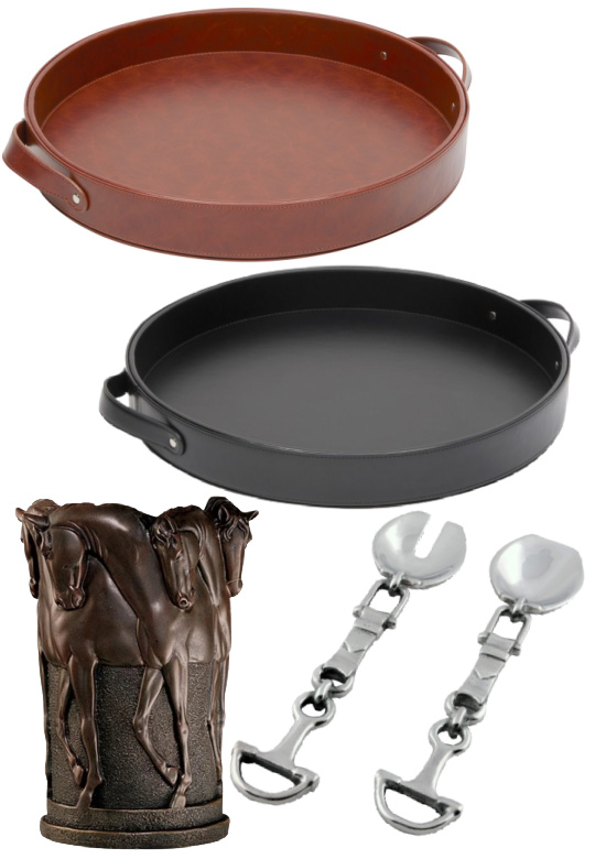 Leather Round Decorative Serving Tray with Handles