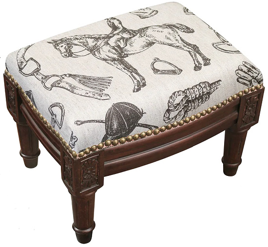 Linen-Wood-Foam-Equestrian-Footstool-with-Wood-Stain-Finish-and-Nail-Heads