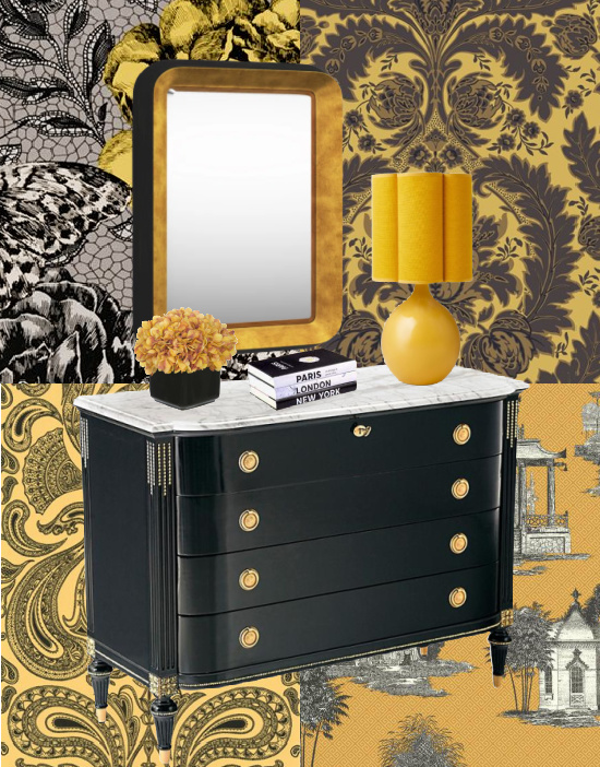 Yellow-and-Black-wallpaper-foyer-chest