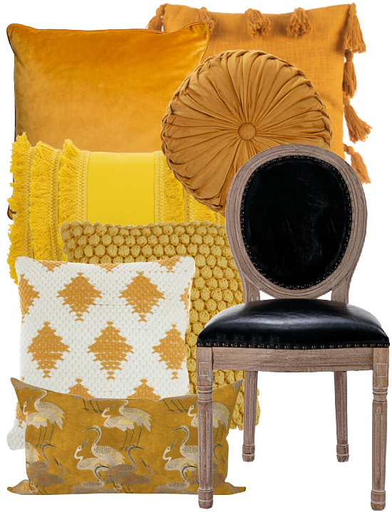 black-upholstered-dining-chair-yellow-throw-pillows
