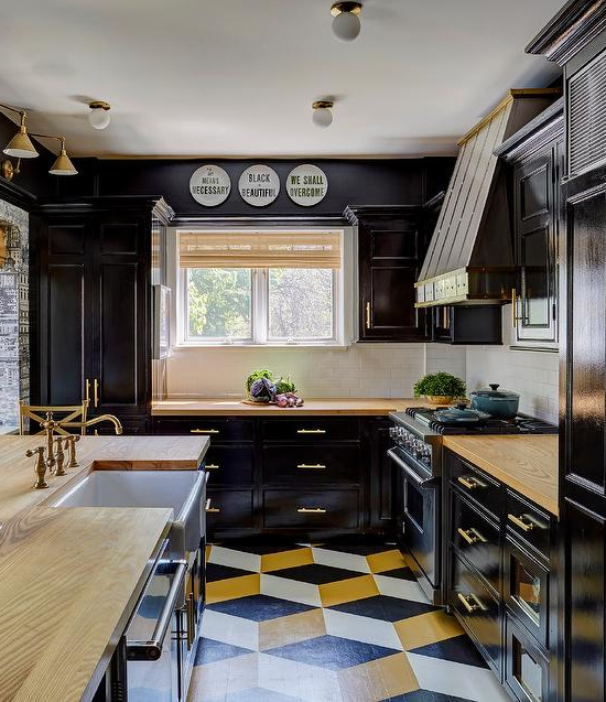 glossy-black-kitchen-cabinets-with-butcher-block-countertops