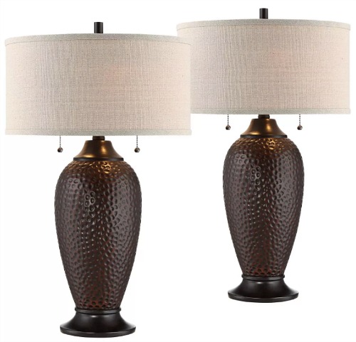 360 Lighting Modern Table Lamps Set of 2 Hammered Oiled Bronze Oatmeal Linen Drum Shade