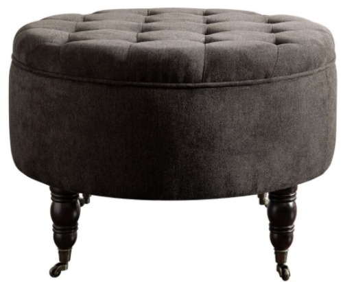 Elle Decor Quinn Round Tufted Ottoman with Storage and Casters