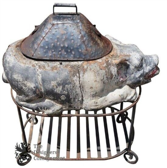 Primitive Antique Stone Pig Shaped Cooker Wrought Iron Base Smoke Grill Roast