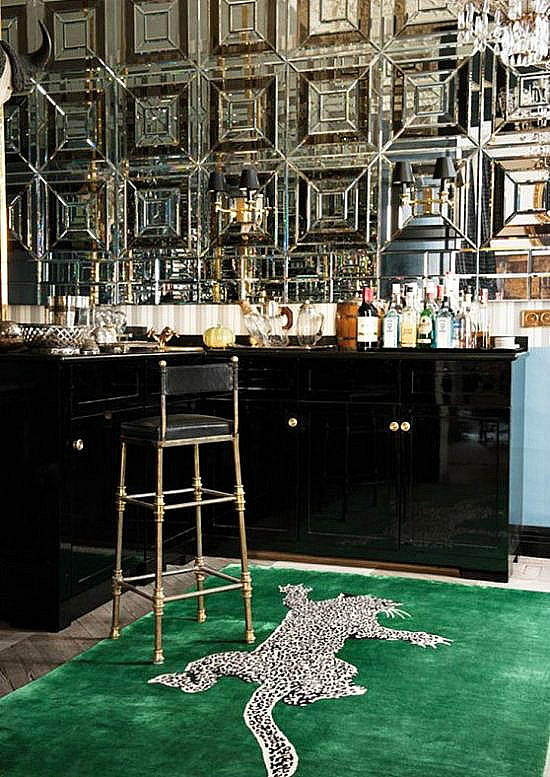 home-bar-black-cabinets-green-leopard-rug