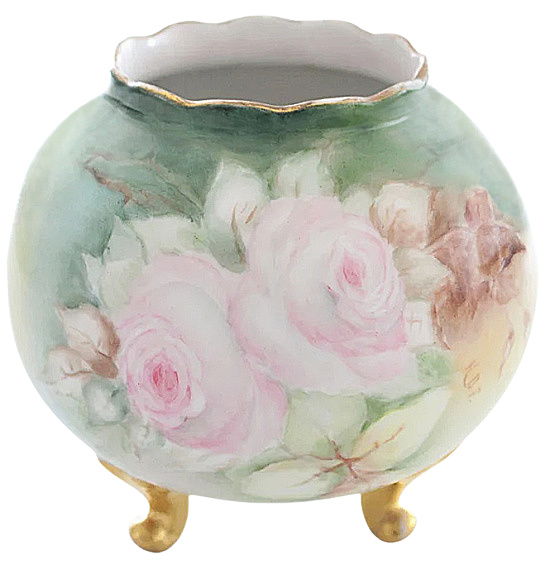 Antique porcelain footed round vase artist signed Limoges France (1)