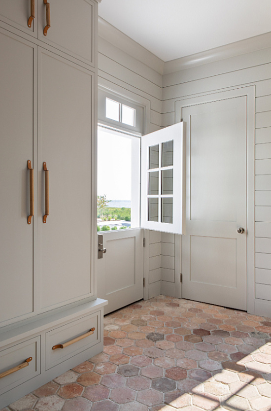 gray-mudroom-lockers-with-wood-and-leather-pulls