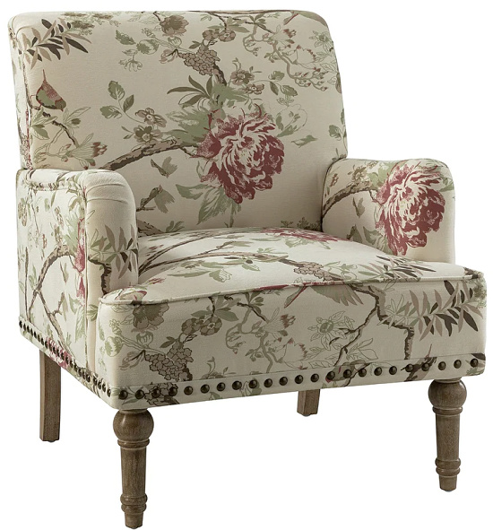 Traditional Floral Fabric Design Upholstered Accent Armchair with Turned Legs