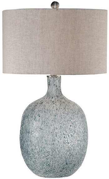 Coastal Glass Table Lamp with Blue and White Heavy Textured Glaze with Round Beige Linen Hardback Drum Shade